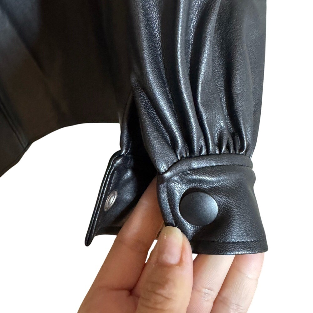 Zara Black Vegan Leather button up‎ blouse puff long sleeve, Medium - Picture 3 of 8